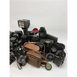 Vintage cameras lenses and accessories including Olympus 'OM10' camera body, Olympus 'OM4' camera, 'Olympus OM-System Zuiko auto-zoom 35-70mm 1:4' lens, various other lenses, tasco binoculars etc, in one box
