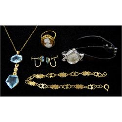 Pair of gold single stone blue zircon screw back earrings, stamped 9ct, gold cameo ring, gold paste blue stone pendant, on gilt necklace, 9ct gold bracelet and a Bulova white gold-plated manual wind wristwatch