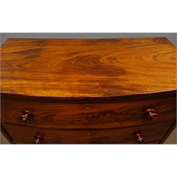  Victorian figured mahogany bow front chest, four long drawers, turned feet, W107cm, H124cm, D55cm  