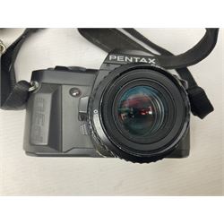 Collection of cameras and lenses, to include Pentax Program A camera body, serial no 123759, with 'Pentax-A zoom 1:3.5-4.5 28-80mm' len, Praktica EE2 camera body with 'Pentacon electric 1.8/50' lens etc, together with a Manfrotto tripod 