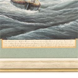 Alf Whiting (British 1905-1972): 'The Dover and Ramsgate Boats Stand By', watercolour signed, extensively titled on the mount, further titled verso 34cm x 50cm 

Notes: the picture depicts the rescue of the American Liberty Ship 'Western Farmer', which collided with the Norwegian tanker 'Bjor Gholm' twenty miles east of Deal on the 20th August 1952. The Dover lifeboat 'Southern Africa' and the Ramsgate lifeboat 'Prudential' rescued the entire crew of 37, by the light of the steam tug 'Rumania'.

Whiting was a Dover lifeboat man famed for returning from each rescue to paint the scene from memory. This was one of only two paintings done by Whiting showing a lifeboat of which he was not onboard; he had his legs in plaster at the time and was unable to go to sea, but the event became so famous that he was requested to paint it. An article on the artist from the East Kent Messenger, 13th July 1956, illustrating the present picture, is reproduced verso.