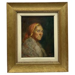 English School (late 20th century): Portrait of a Woman Wearing a Headscarf, oil on canvas signed with monogram BWS and dated '99, 24cm x 19cm