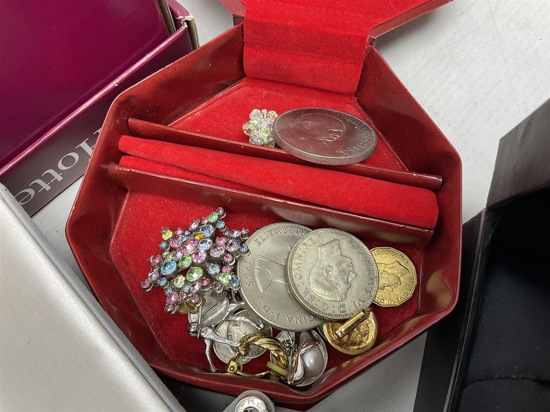 Victorian and later silver jewellery including engraved oval locket pendant, bangle, fob watch, vesta case, faux pearl necklace, butterfly wing pendant etc, a collection of costume jewellery including beaded necklaces, brooches, earrings, ladies wristwatches and a small collection of coins including two pre 1947 half crowns 