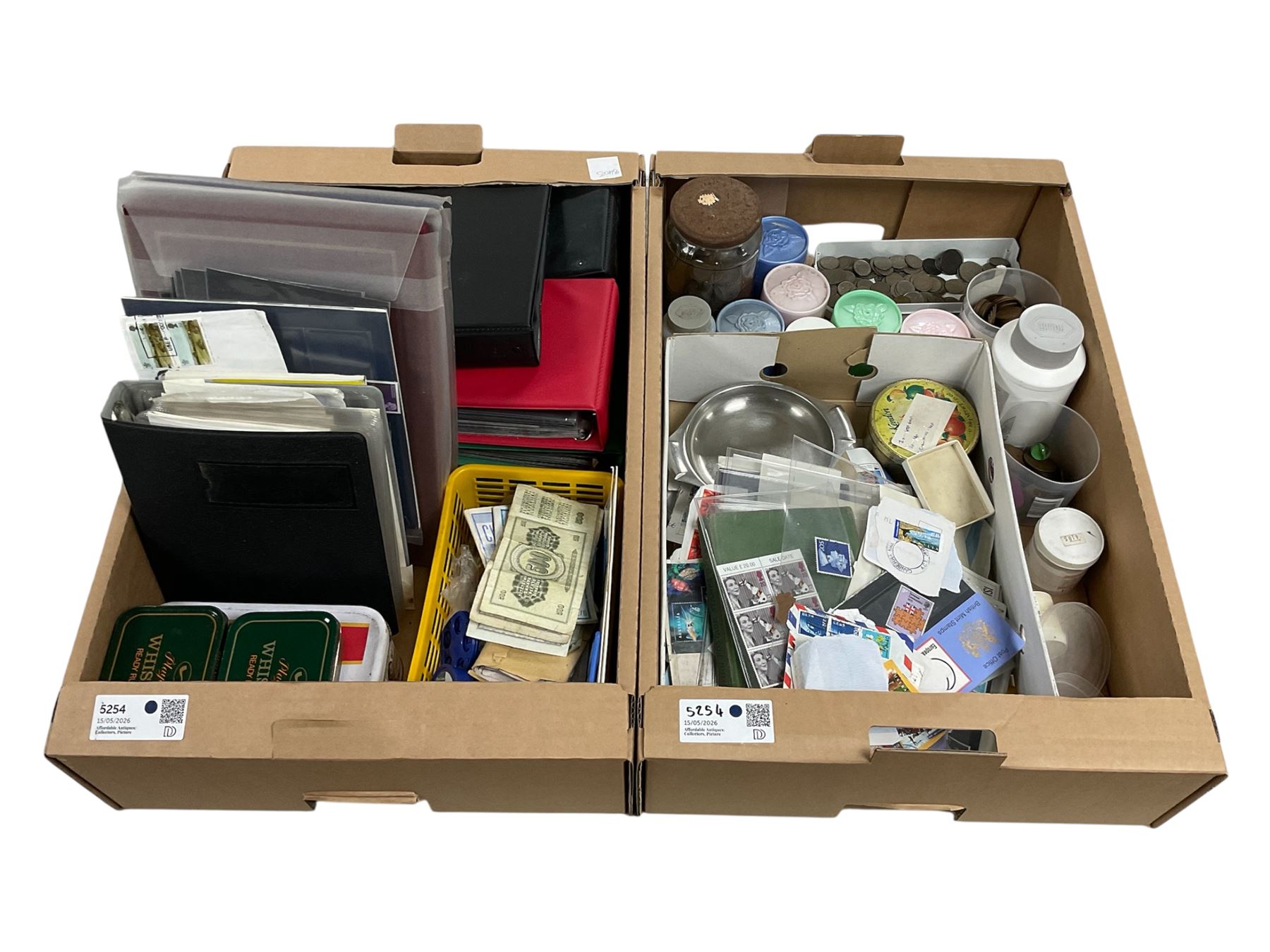 Stamps and coins, including Great British pre-decimal coins, world coins, three Australia stamp yearbooks, first day covers, loose stamps, empty folders, etc, in two boxes