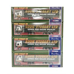 Corgi - four limited edition 1:50 scale Eddie Stobart heavy haulage vehicles comprising 75804 M.A.N. Curtainside; 75702 MAN Refrigerated Box Trailer; 75601 Renault Premium Curtainside; and CC12401 Volvo Globetrotter Curtainside; all boxed (4)