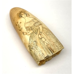 A 19th century whales tooth scrimshaw, detailed with a lady in Victorian dress, H12.5cm. 