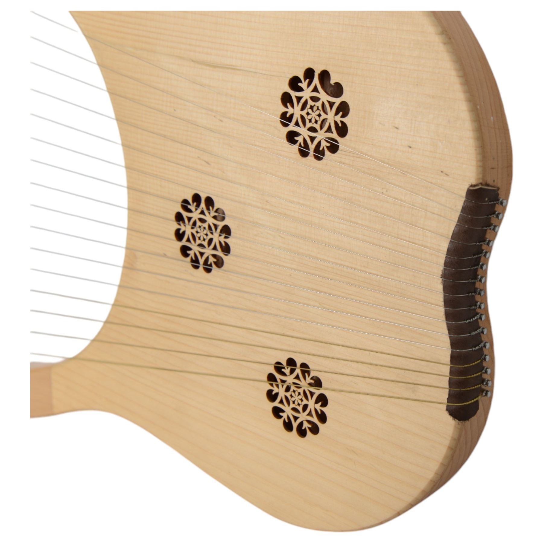 Contemporary - 16 string lyre harp with a beech and ash frame, steel strings and plated tuning pins, with decorative fretwork to the soundboard.