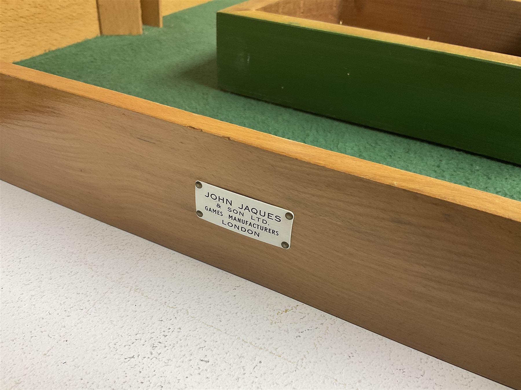 John Jaques and Son ‘Devil Among the Tailors’ wooden vintage skittles game, missing pole and ball, with instruction manual and original box; and a Corinthian Bagatelle board with marbles and push stick 