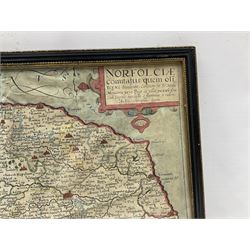 William Kip (British fl. 1588-1635) after Christopher Saxton (British 1540-1610): 'Norfolicæ comitatus quem oli icenci' Norfolk, engraved 17th century map with hand-colouring 27cm x 39cm