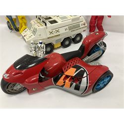 Manta Force Red Venom 1987 Bluebird Toys PLC toy plane with associated figures, with three more toy vehicles and figures comprising Lanard 1996 S.T.A.R Force Mobile Ground Support truck, Hasbro 2000 Action Man motorbike with side car, Sindy moped 