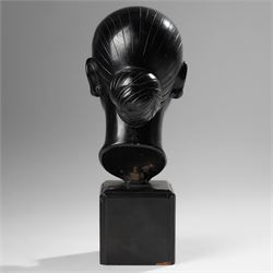 Manner of Nguyen Thanh Le (Vietnamese 1919-2006): Head of a Woman, bronze bust with indistinct character signature to neck, on ebonised base, H27cm 