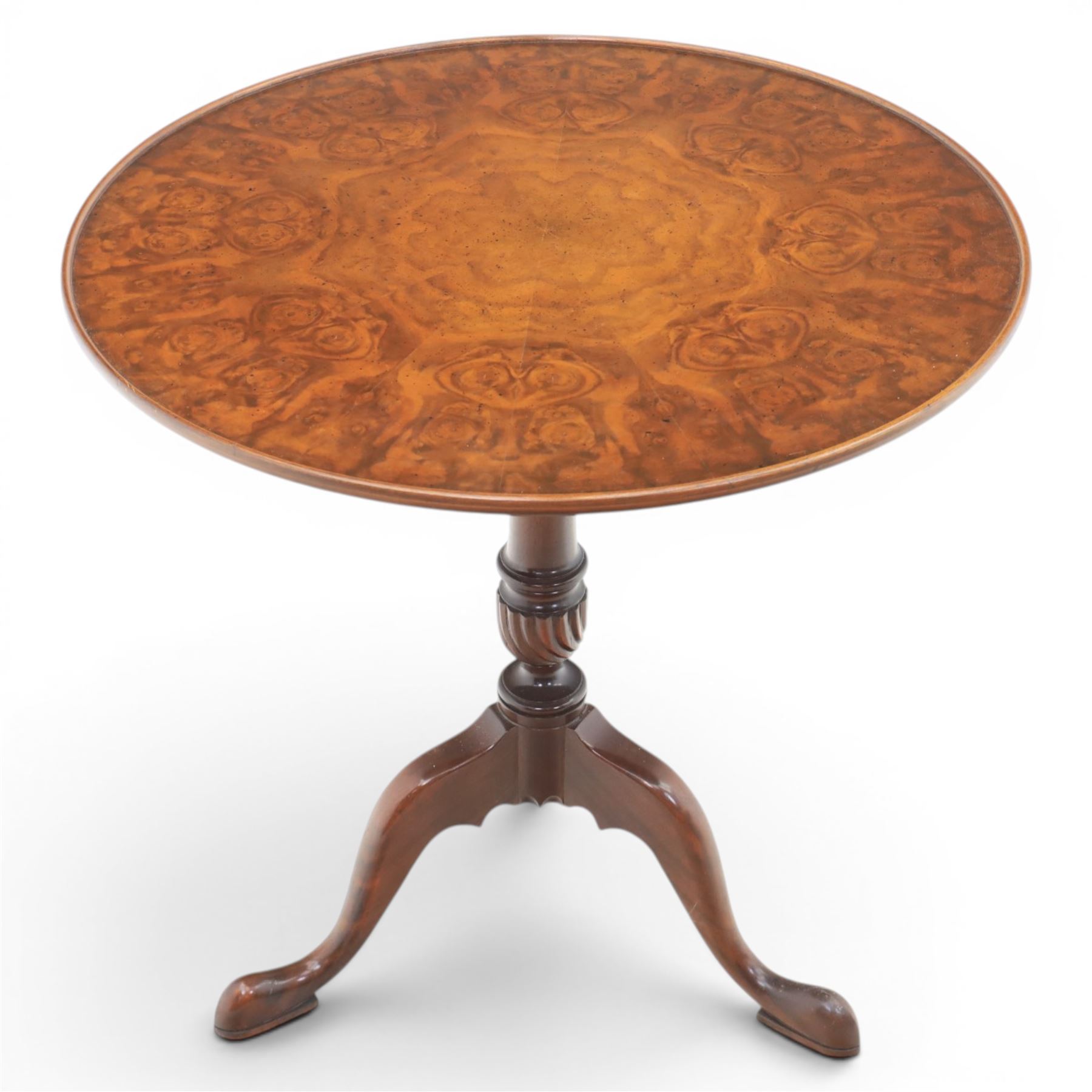 Georgian design figured walnut tripod table, book-matched sun-burst veneered circular snap top, raised on a turned column, above cabriole legs with pad feet