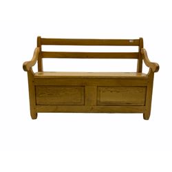 Solid light oak hall bench, hinged box seat with rail back