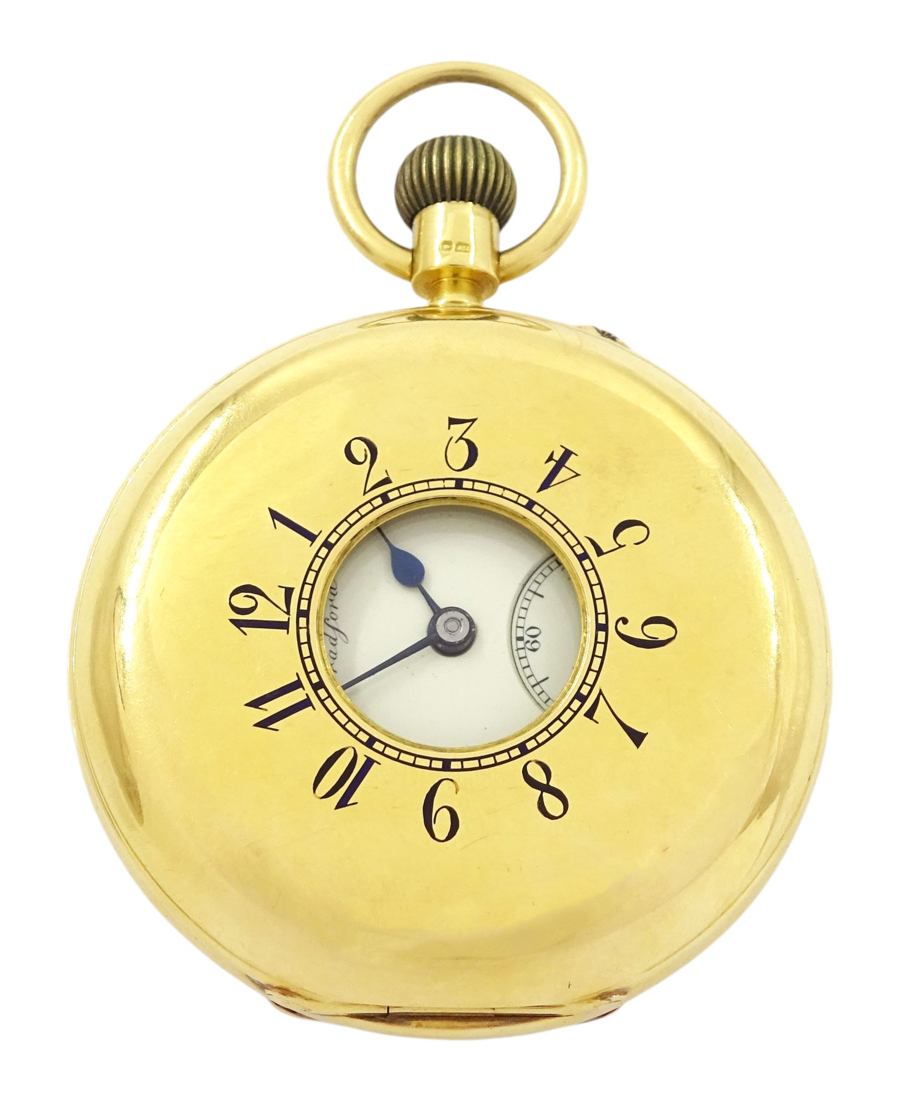 Edwardian 18ct gold half hunter keyless lever presentation pocket watch by Manoah Rhodes & Sons, Bradford, No. 16317, white enamel dial with Arabic hour markers and subsidiary seconds dial, back case monogrammed with initials, markers mark JG, London 1907, in original silk and velvet lined case