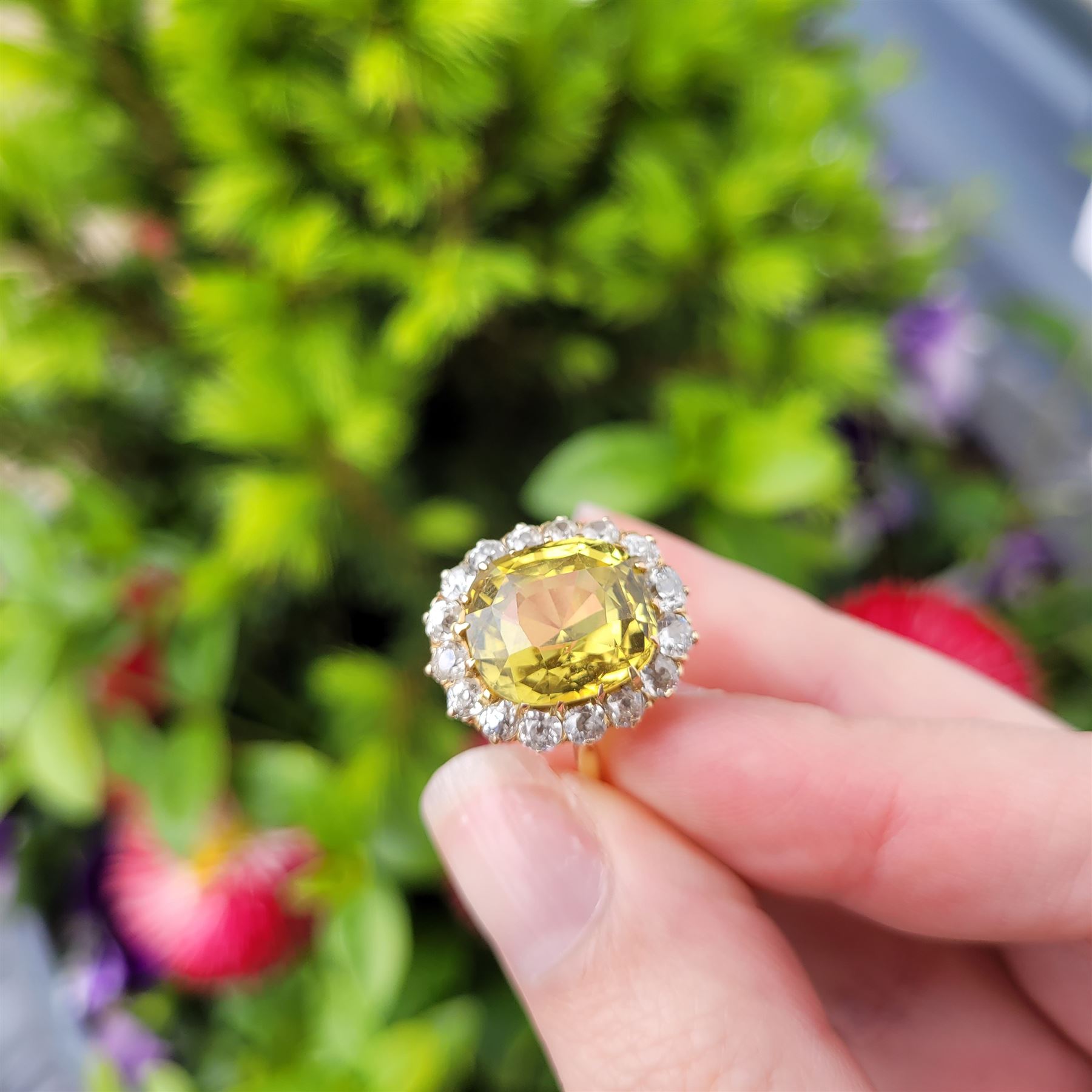 Early 20th century gold chrysoberyl and diamond cluster ring, single cushion cut yellow / green chrysoberyl of approx 8.00 carat, surrounded by sixteen old cut diamonds, stamped 18ct, total diamond weight approx 1.10 carat