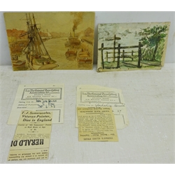  Thomas Jacques Somerscales (British 1842-1927): Quayside scene and a Country Stile near Hull, two watercolours one inscribed by the artist verso 12cm x 17cm approx complete with two newspaper obituaries for the artist who died in Hull  