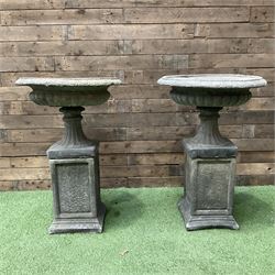  Pair of Victorian design cast stone squat garden urns, egg and dart border, raised on pedestal base and square fielded plinth - THIS LOT IS TO BE COLLECTED BY APPOINTMENT FROM DUGGLEBY STORAGE, GREAT HILL, EASTFIELD, SCARBOROUGH, YO11 3TX