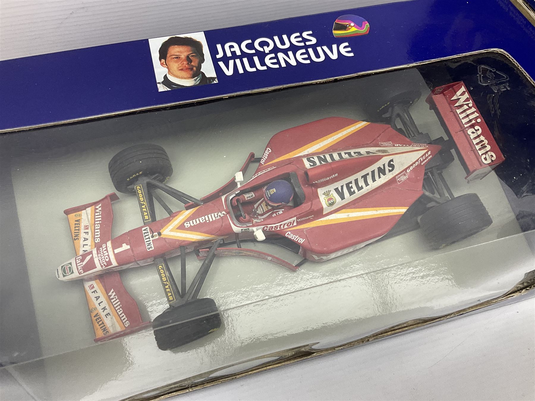 Four Paul's Model Art 1:18 scale die-cast racing cars - Jacques Villeneuve Williams Mecachrome Launch Version 1998 and Williams Renault FW19; Ralf Schumacher Jordan Peugeot 197; and Michael Schumacher Benetton Renault B195 World Champion 1995; all boxed (4)