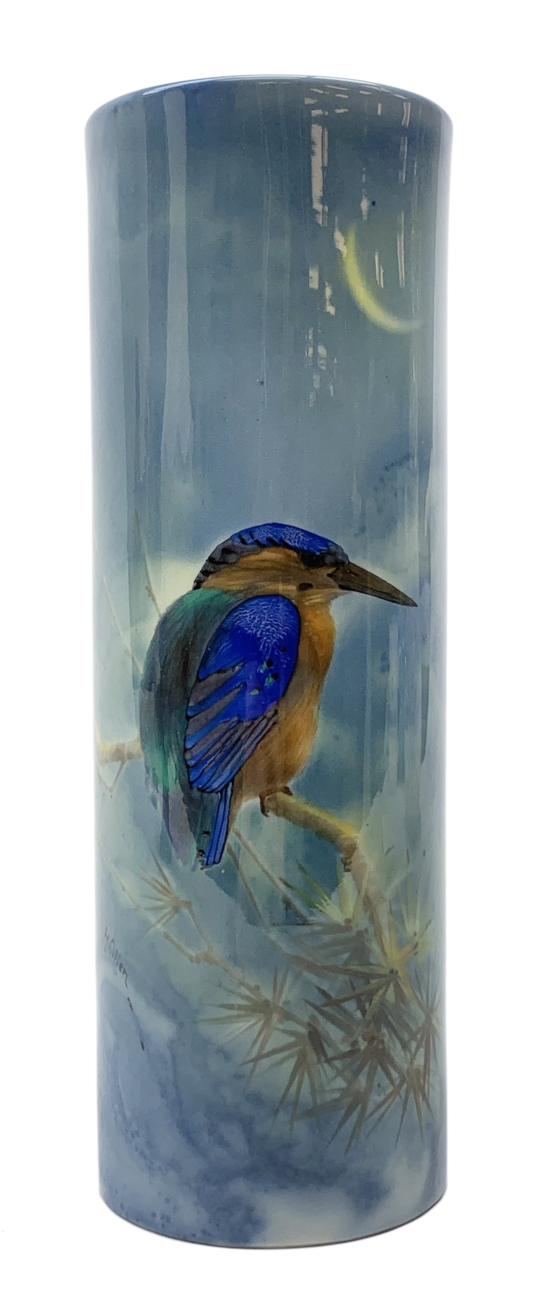 Royal Doulton Titanian Ware vase, painted by Harry Allen, of cylindrical form decorated with a Kingfisher perched upon a branch beneath a crescent moon, signed H. Allen, with printed mark beneath and painted mark 'Kingfisher 2846', H21cm