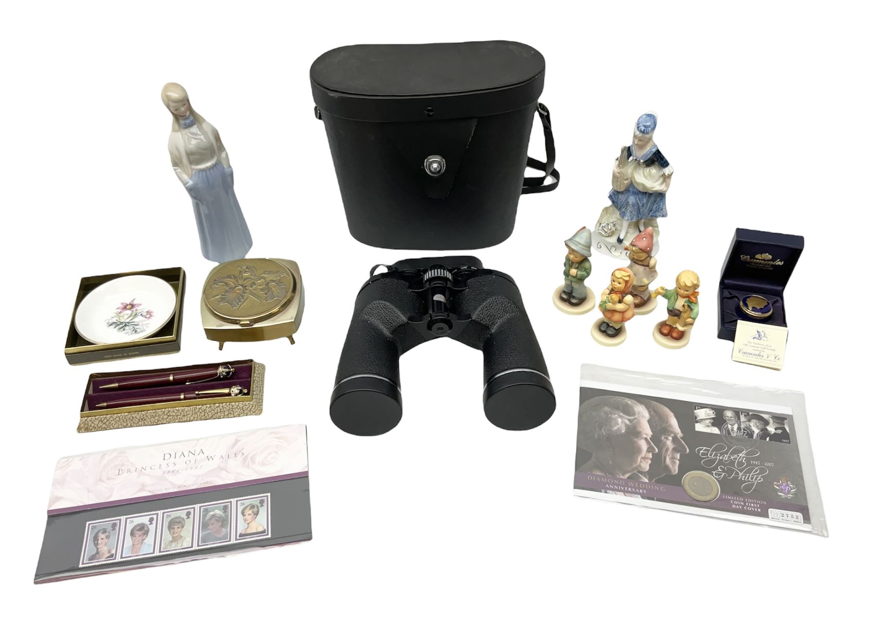 Pair of cased Boots Ascot binoculars, 10 x 50, Elizabeth & Phillip diamond wedding anniversary limited edition coin first day cover, Diana stamps, Cummles boxed Queen Elizabeth II enamel box, four Goebel Hummel figures, other ceramics and metal ware etc