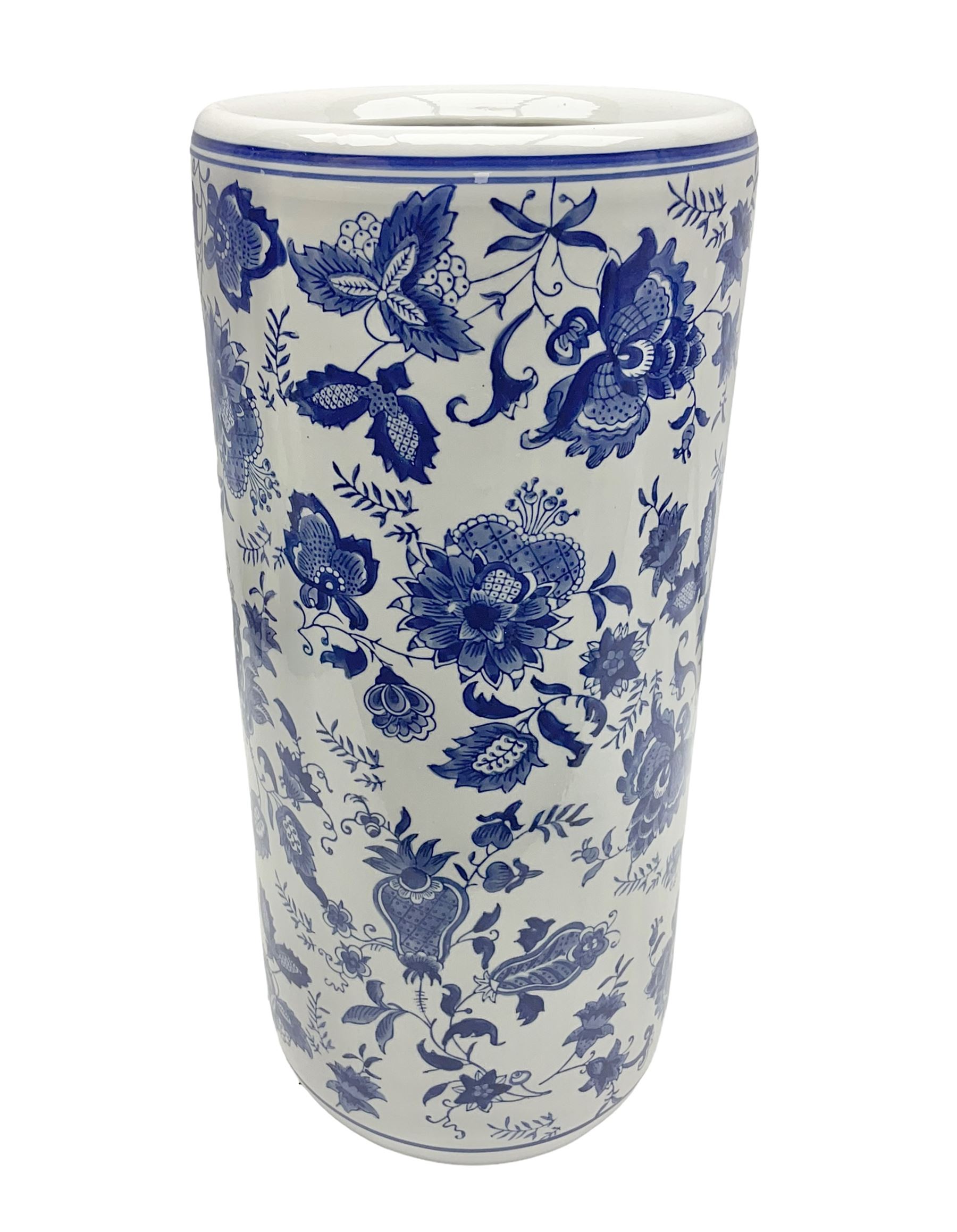 Blue and white umbrella/stick stand decorated with a floral pattern, H46cm