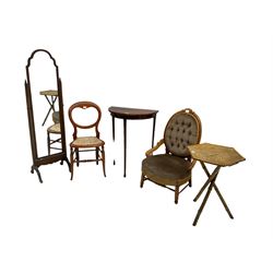 Mahogany cheval dressing mirror, Victorian nursing chair, demi-line hall table, bamboo table and a Victorian balloon back chair (5)