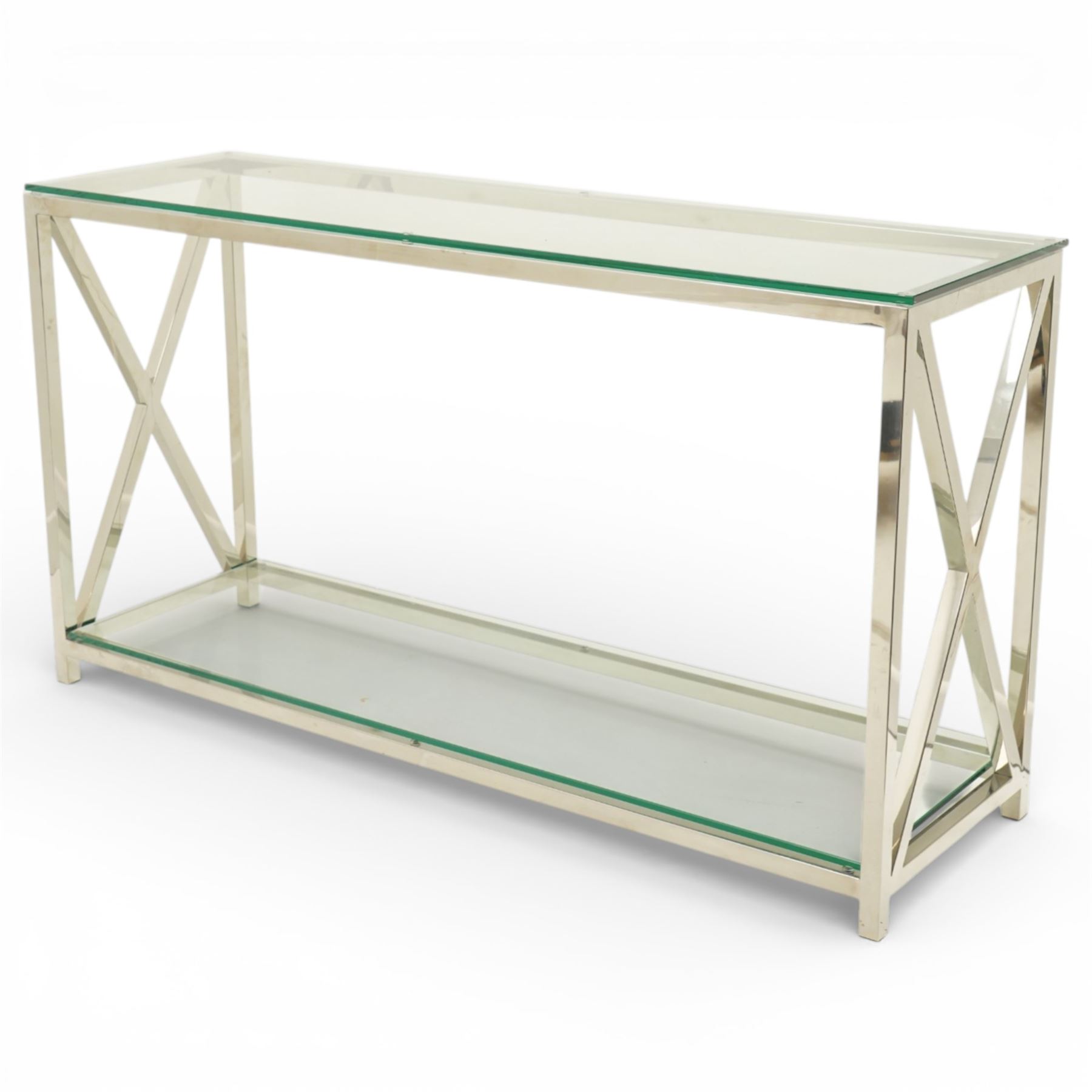 Modern chrome console table, rectangular plate glass top on polished chrome frame, the sides formed with X-frame stretchers, raised on square supports with lower glass tier 
