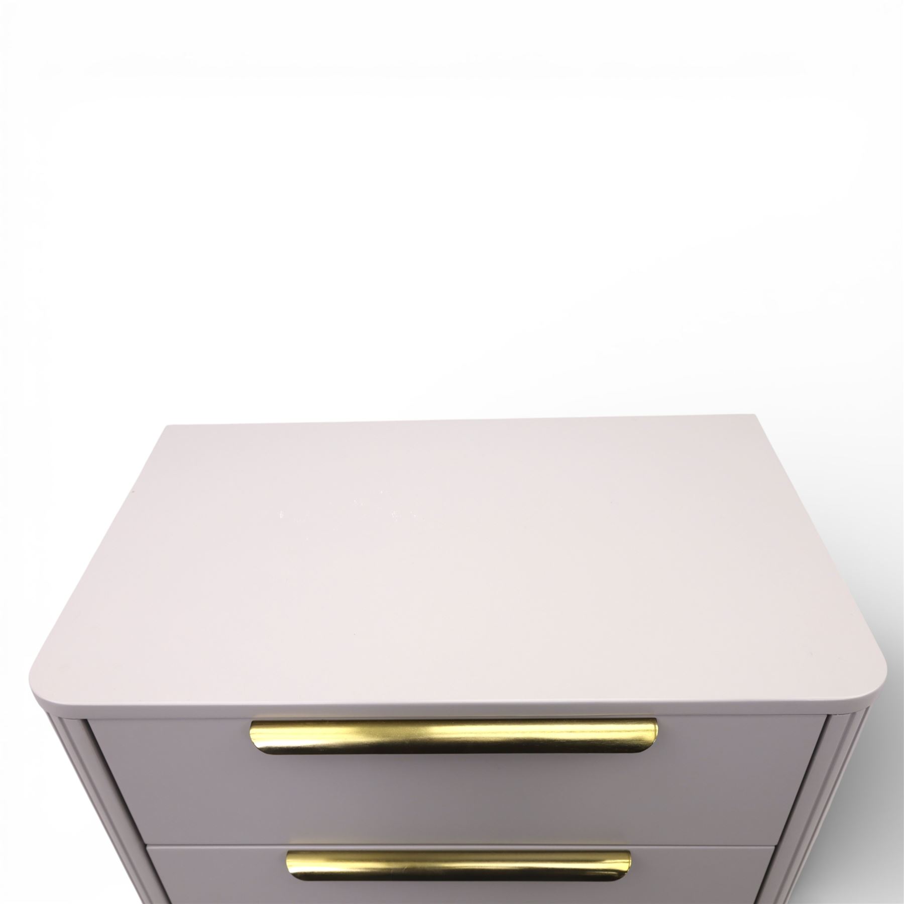 Made.com - 'Ebro' grey four drawer chest, gold painted metal shaped handles, rounded corners with fluted detail, raised on gold painted metal tapered supports