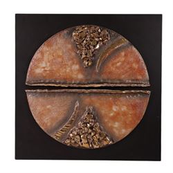 Large ceramic sculpture, two semi circles with abstract gold decoration, upon a black back...