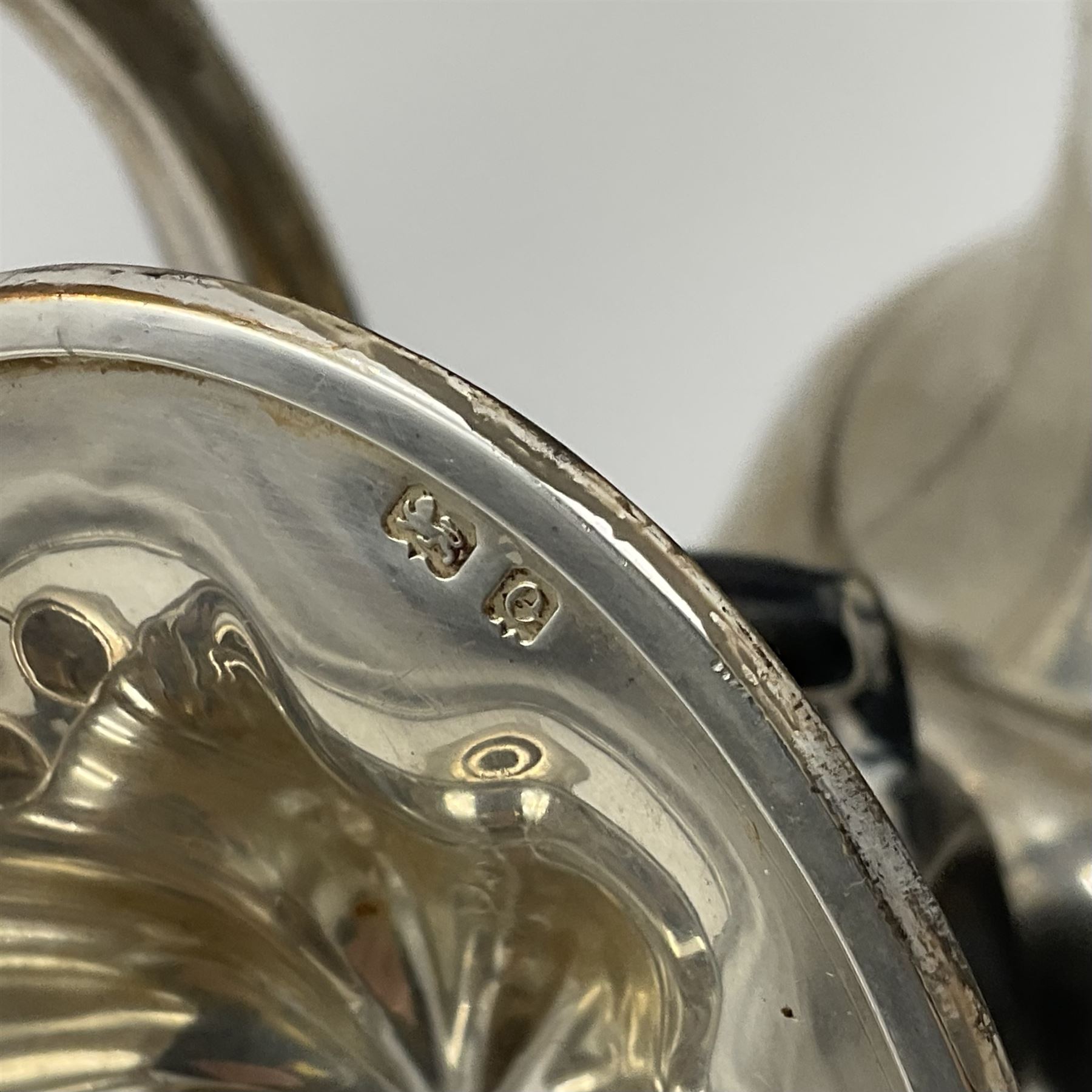 Five piece Edwardian silver tea service, comprising teapot and coffee pot, each with ebonised scroll handle, tea caddy with hinged cover, twin handled open sucrier, and milk jug, each of rounded bombe form, upon four paw feet, hallmarked William Adams Ltd, Birmingham 1904 and 1905, coffee pot H26cm
