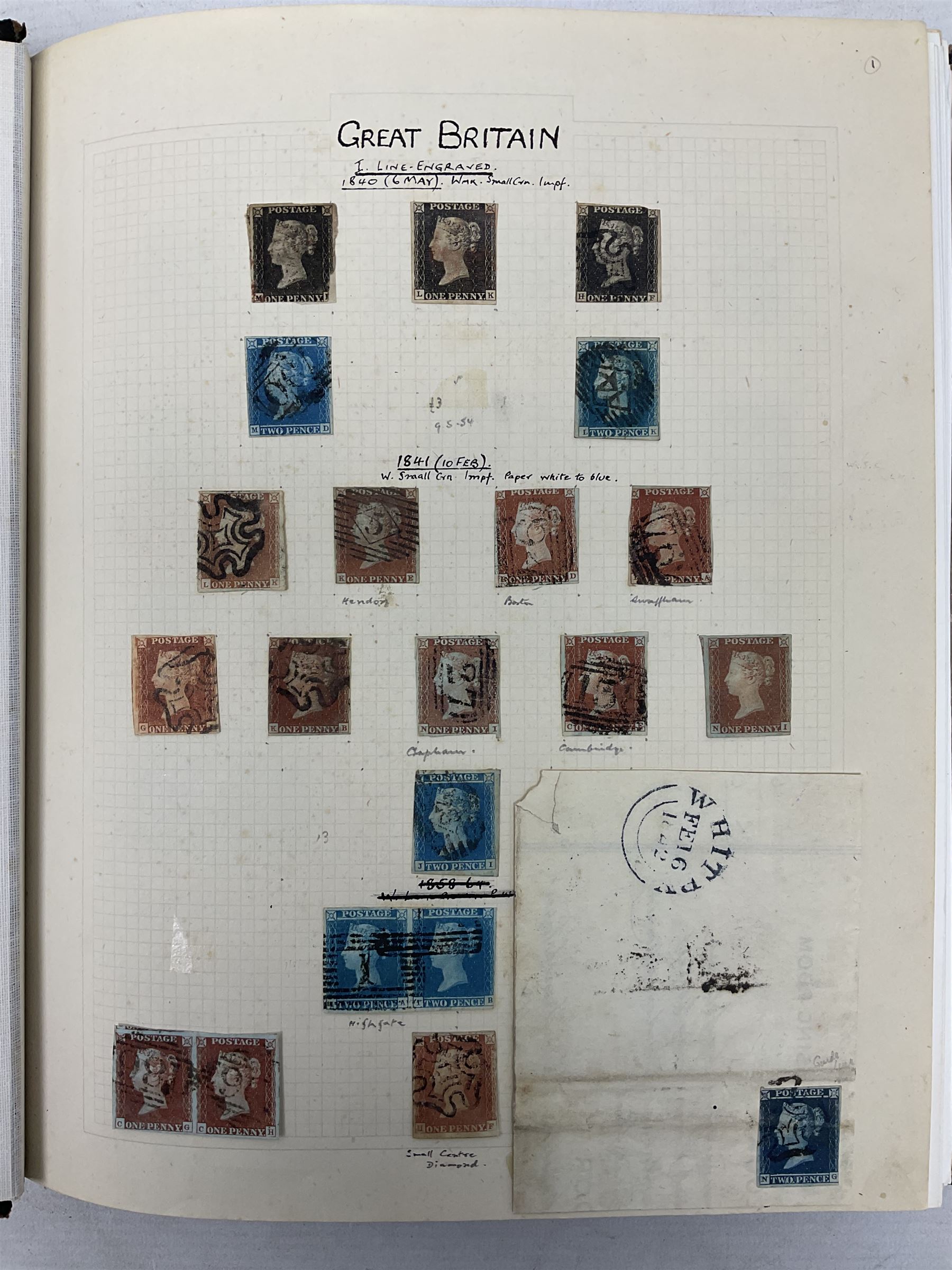 Mostly Great British Queen Victoria stamps, including five 1840 penny blacks four with red and one with black MX cancels, imperf penny reds including examples with MX cancels, perf penny reds, half penny 'bantams', various QV surface printed issues, penny lilac block, 1887-92 unused block of forty-two one halfpenny stamps etc, housed in 'The Paragon Postage Stamp Album