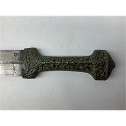 19th century Khanjali dagger, 33.5 cm double edged fullered blade with stamped makers marks, ornate cast grip, with engraved white metal scabbard, 46cm overall