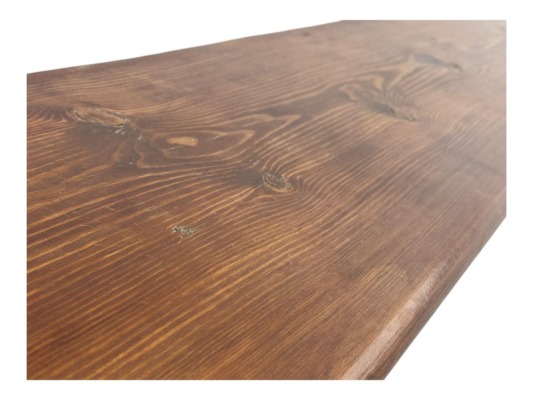 Victorian stained pine fire surround, projecting cornice with dentil moulding, panelled frieze and chamfered uprights on block supports