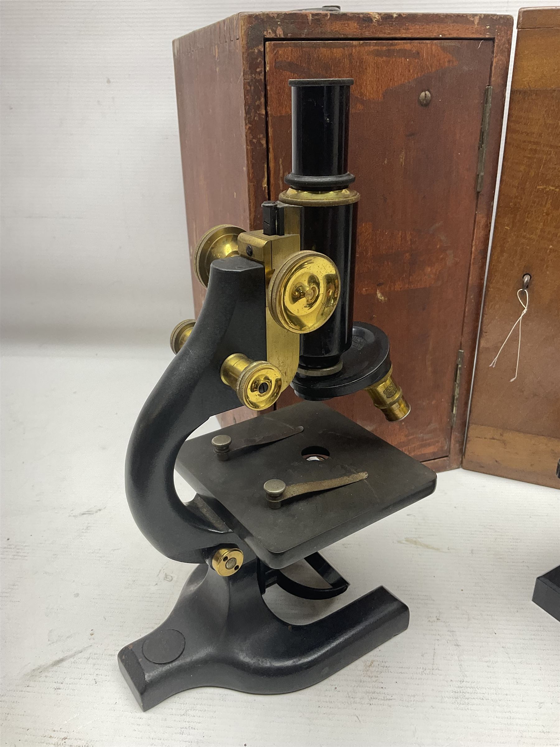 Three boxed microscopes, comprising Hawkslay & Sons Spencer Buffalo microscope no 68177, J Swift & Son microscope and R & J Back microscope no 30241