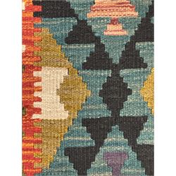 Afghan Maimana Kilim flatweave runner, handwoven with a teal ground featuring a bold multicoloured diamond-lattice design, enclosed by stylised border motifs, finished with fringed edge