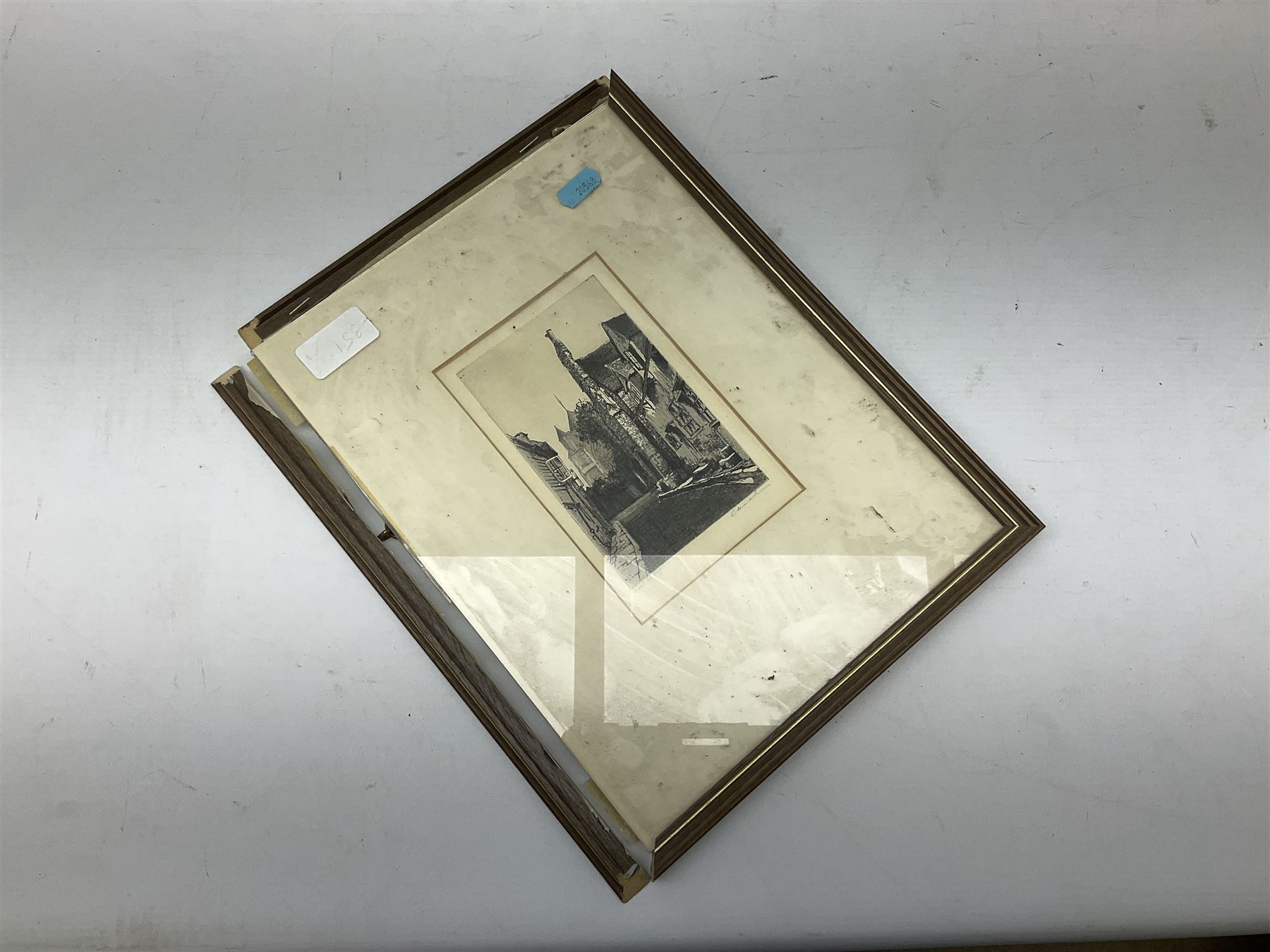 J M Oldroyd (British 19th century): Church with Figure, oil on canvas signed and dated 1894; Michael Langdale (British 20th century): 'Morvah Church', oil on canvas signed and dated '92 together with another 19th century oil of a similar subject and three further pictures of churches max 28cm x 38cm (6)