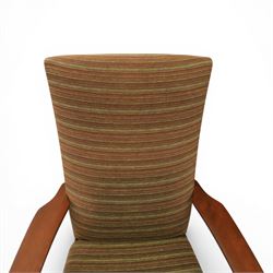 Parker Knoll - 'PK 988' open armchair, with teak frame, upholstered in a striped fabric, raised on tapering supports, the loose seat cushion supported on elasticated webbing 