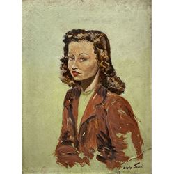 Cecil Rochfort D'Oyly-John (British 1906-1993): 'Dorothy May Chedzoy' - half length portrait, oil on plasterboard panel, signed, c1936, 54cm x 41cm, unframed
Provenance: D'Oyly-John lived in Old Brumby Street, Scunthorpe c.1936, Dorothy who was his neighbour was the vendor's aunt. Interestingly there appear to no recorded portraits by the artist except those of his wife 
