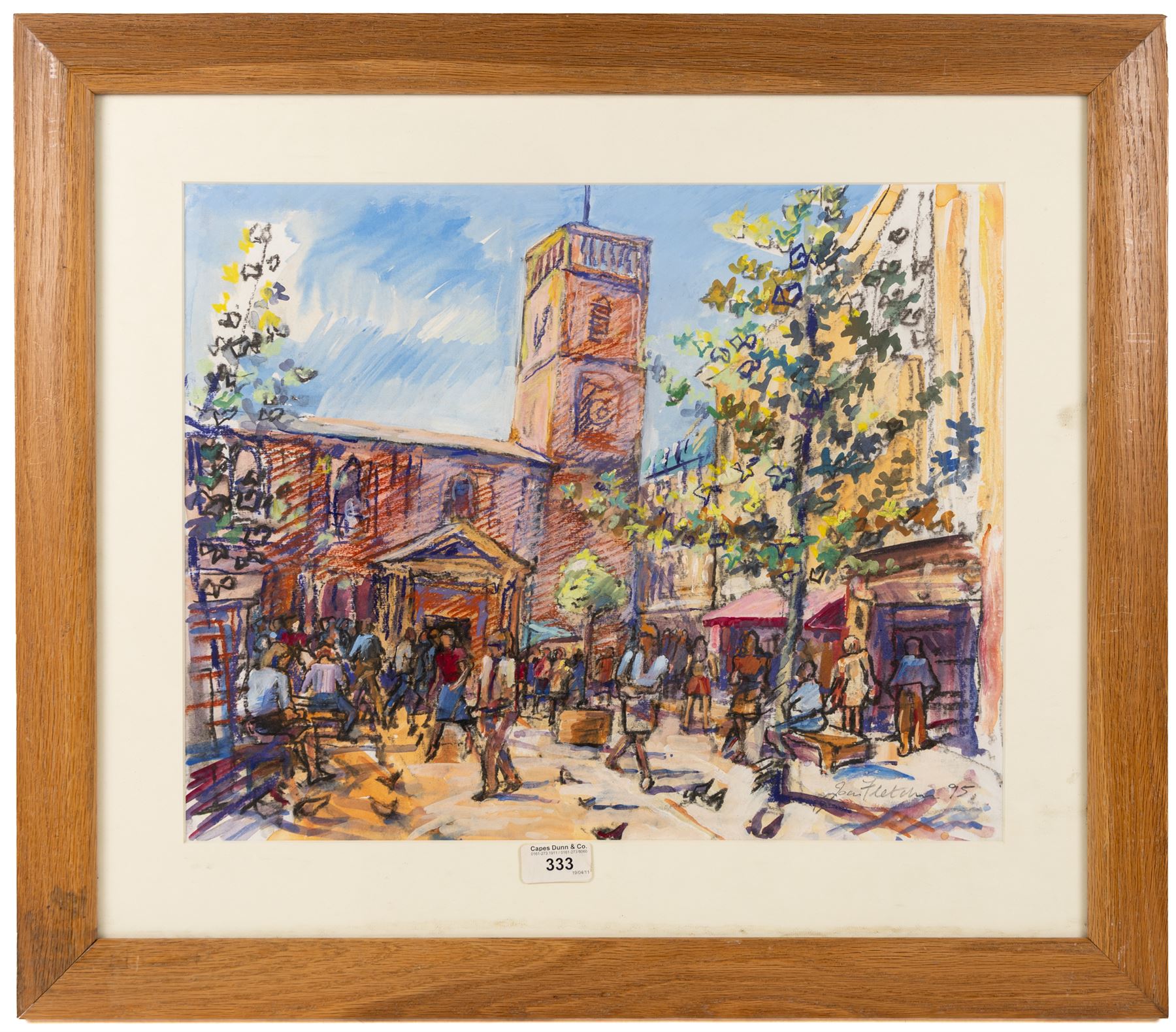 Mary Goudie Simpson (British 1869-1934): 'Vegetable Stall - Bruges', gouache signed, titled verso; Jean Fletcher (British 20th Century): 'St Anne's Square', mixed media signed and dated '95; together with two still lifes, oils on board signed K T and L I Warburton one dated 1906 max 45cm x 45cm (4)