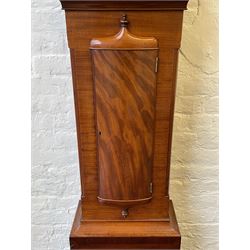 19th century c 1860-70 Scottish mahogany longcase clock in a typical west coast designed case with a full-length hood and carved pediment, rectangular hood door beneath a narrow frieze, trunk with shallow canted corners, bow fronted door with conforming cushion mouldings above and beneath, on a short plinth with shaped skirting, painted break arch dial, broad Roman numerals, minute track and matching stamped brass hands, painted spandrels representing the union of the crowns, Scotland, England, Wales and Ireland, “Burns & Mews” depicted in the arch of the dial, with subsidiary seconds and date dials, dial inscribed “Cameron & Son, Kilmarnock”, dial pinned directly to an eight-day rack striking movement with a recoil anchor escapement, striking the hours on a cast bell. With weights and pendulum.

John Cameron is recorded as working at Barrhead, Renfrewshire 1836-9, at Kilmarnock Ayrshire by 1840. Became J Cameron & Son at 11-13 King Street about 1855. 
 


