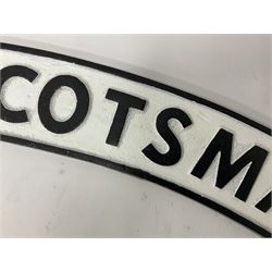 Cast iron Flying Scotsman arched railway sign, L89cm