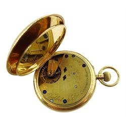 Edwardian 18ct gold full hunter, keyless chronograph pocket watch by Talbot & Son, London, No. 17889, the movement inscribed 'Talbot & Son Chronometer Makers', white enamel dial with Roman numerals, case makers mark B B, Chester 1904
