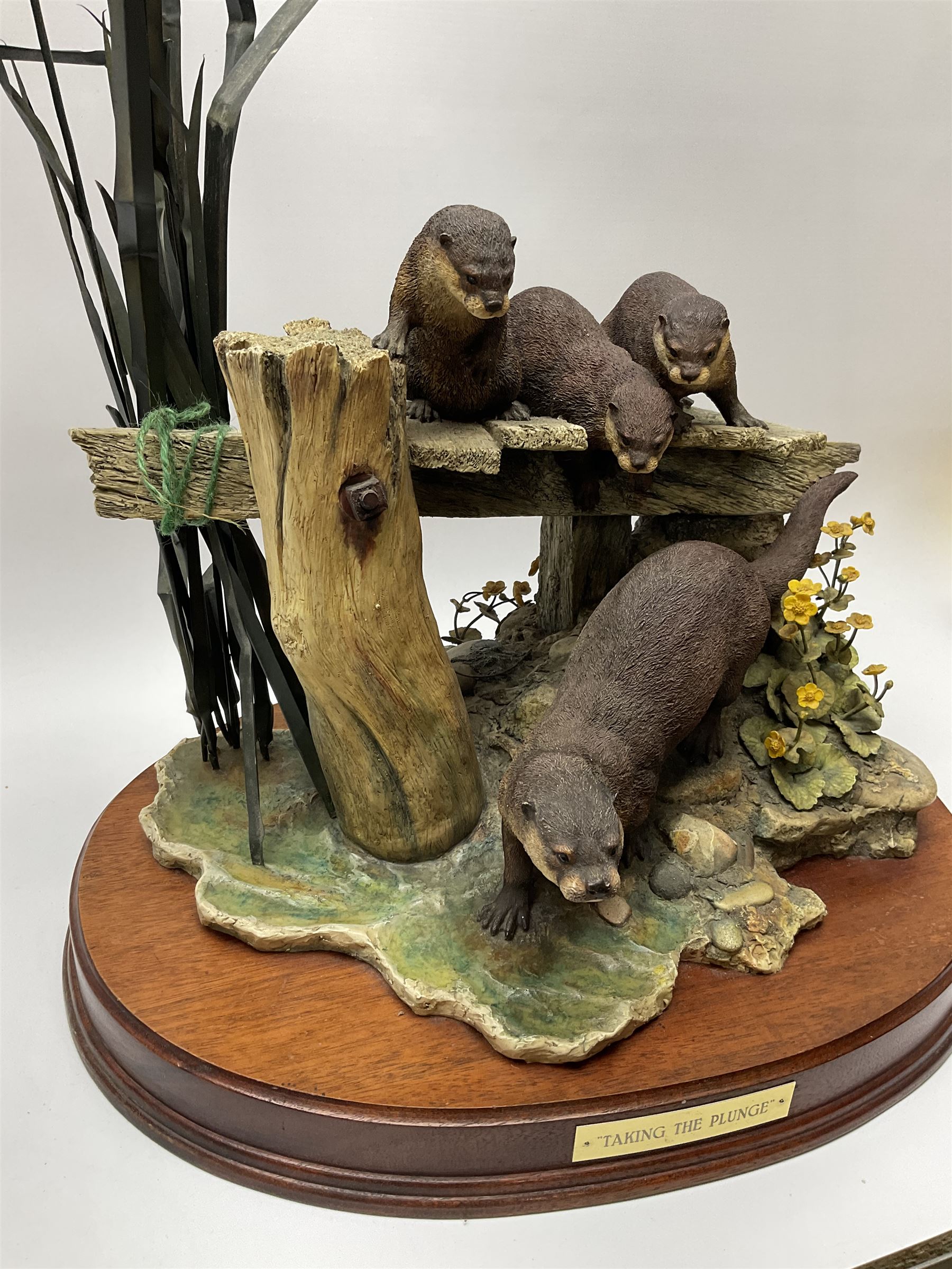 A large limited edition Border Fine Arts figure, Taking the Plunge, by Ray Ayres, depicting a family of otters, model no L143, upon wooden base, H77cm. 