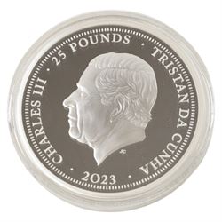 King Charles III Tristan da Cunha 2023 'Queen Elizabeth II Memorial' five ounce fine silver proof twenty-five pound coin, issued by the Jubilee Mint, cased with certificate