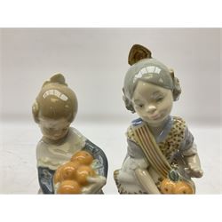 Four Lladro figures, comprising Miss Valencia no 1422, Girl from Valencia, Girl with Scarf no 5024 and Planning the Day no 5026, all with original boxes, largest example H18cm 