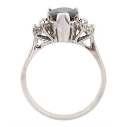 14ct white gold single stone pear cut sapphire and six stone round brilliant cut diamond ring, sapphire approx 2.55 carat, total diamond weight approx 0.20 carat