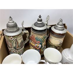 Large collection of glassware to include carnival glass, art glass paperweight, coloured glass, uranium glass, together with three covered steines, ceramic decanters etc, in four boxes 