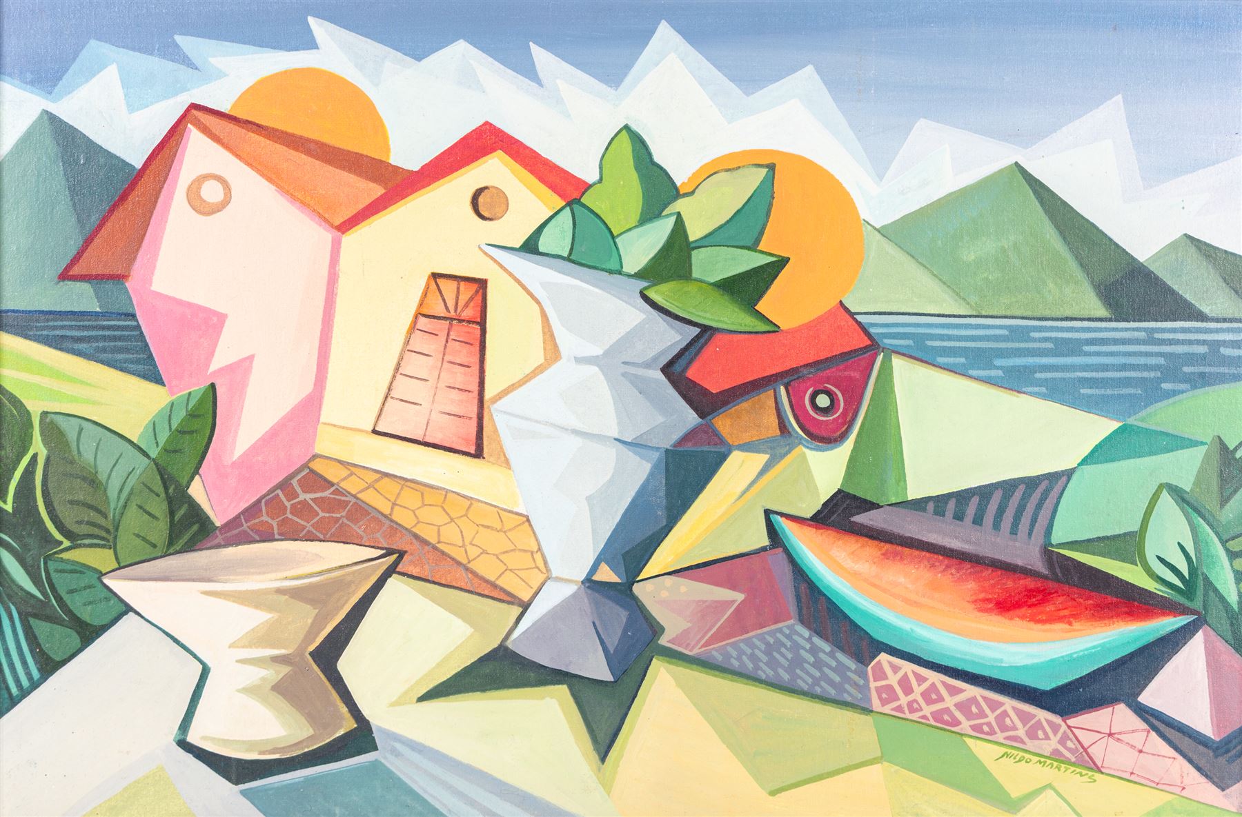 Nildo Martins (Brazilian 1948-): Abstract Fruit in Landscape, oil on board signed 39cm x 59cm 