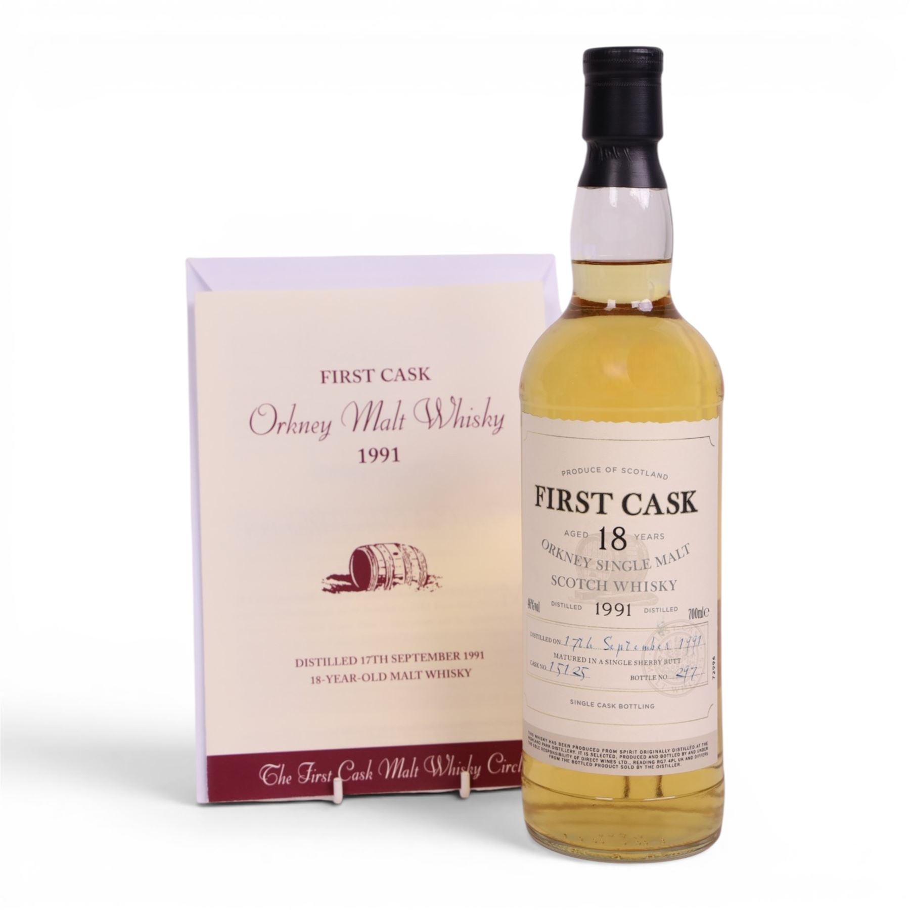Highland Park, 18 year old Orkney single malt scotch whisky, 700ml 46% vol, First Cask; distilled 17th September 1991, from cask number 15125, bottle number 297, with certificate 