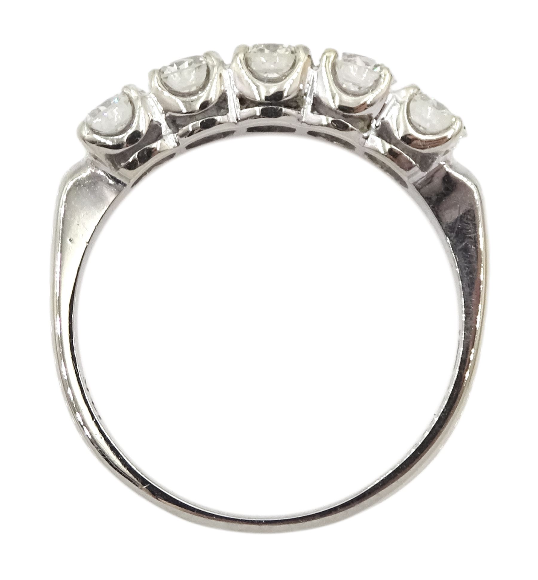 American white gold five stone diamond ring, stamped 14K by Balco Diamonds, Beverly Hills, total diamond weight 1.05 carat, with Ballreich & Co insurance certificate